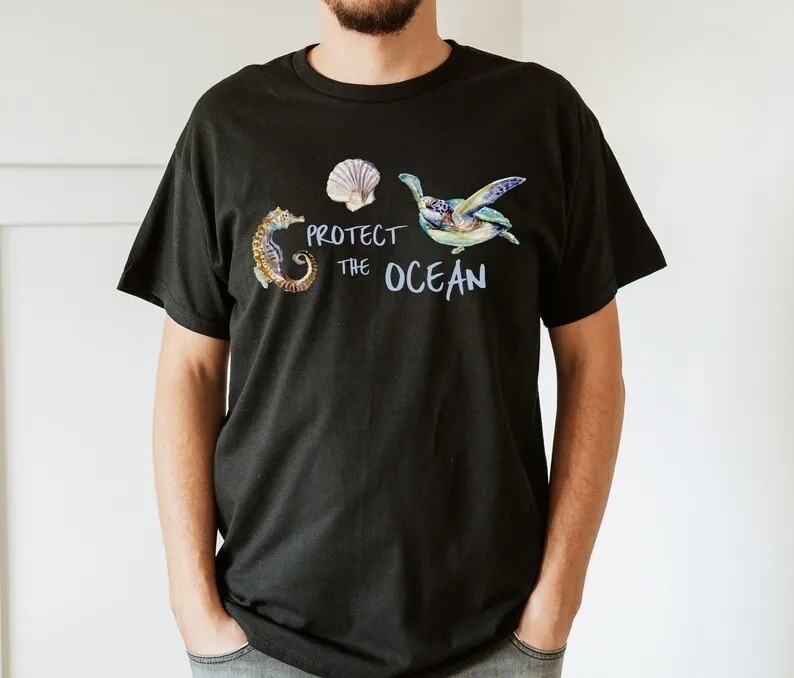 Save the Oceans T-Shirt – Turtle & Seahorse Print Marine Life Beachwear