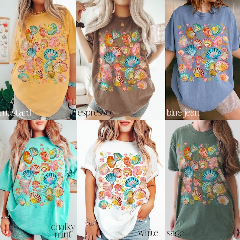 Vintage Seashells T-Shirt: Comfort Cotton, Cottagecore Nautical Style – Oversized Coastal Surf Coverup