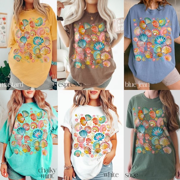Vintage Seashells T-Shirt: Comfort Cotton, Cottagecore Nautical Style – Oversized Coastal Surf Coverup