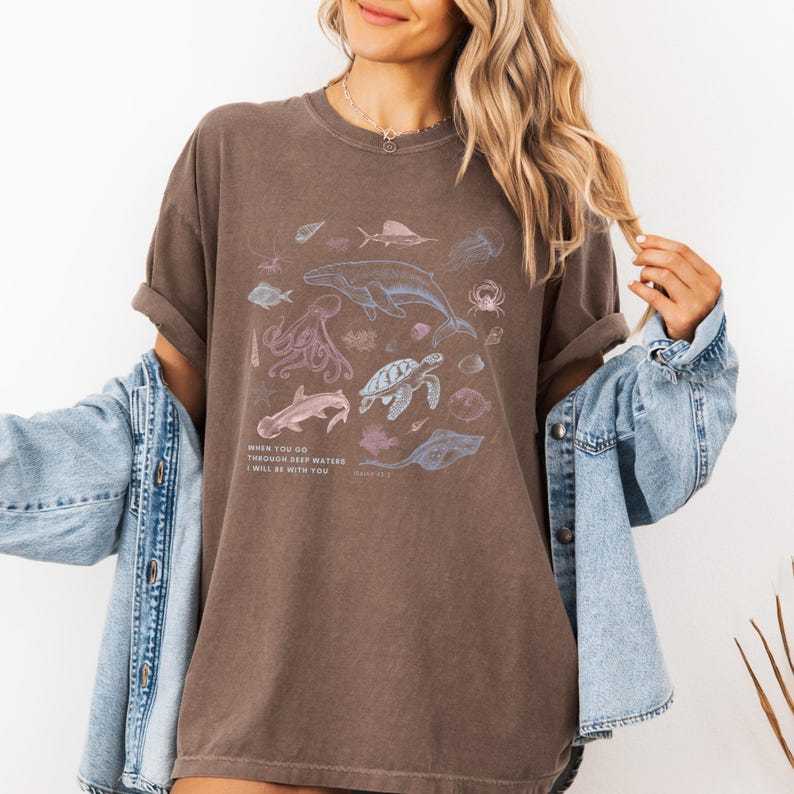 Vintage Isaiah 90s Tattoo Sea Animal Bible Verse Shirt, Colorful Ocean Scripture Inspired T-Shirt, Christian Deep Waters Whale Tee Shirt