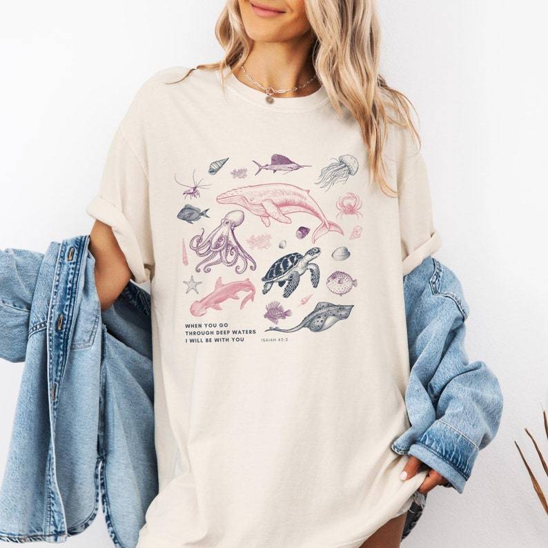 Vintage Isaiah 90s Tattoo Sea Animal Bible Verse Shirt, Colorful Ocean Scripture Inspired T-Shirt, Christian Deep Waters Whale Tee Shirt