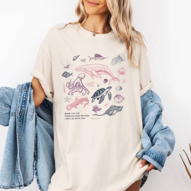 Vintage Isaiah 90s Tattoo Sea Animal Bible Verse Shirt, Colorful Ocean Scripture Inspired T-Shirt, Christian Deep Waters Whale Tee Shirt