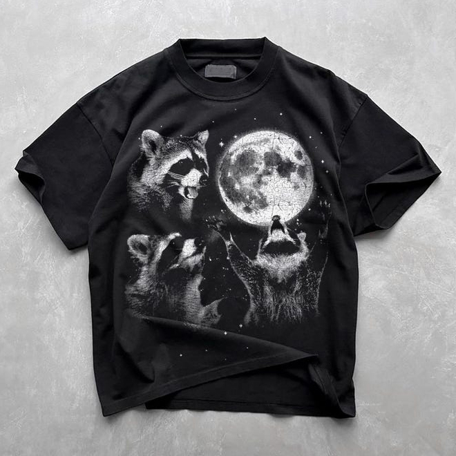 Unisex Raccoon Moon Printed Washed Tee