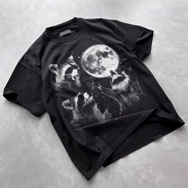 Unisex Raccoon Moon Printed Washed Tee