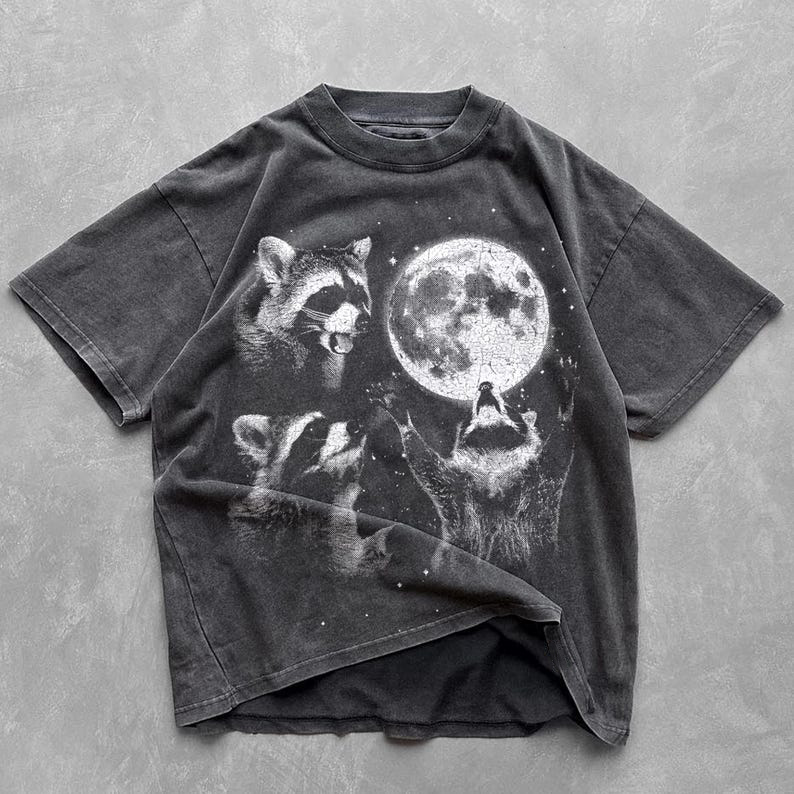 Unisex Raccoon Moon Printed Washed Tee