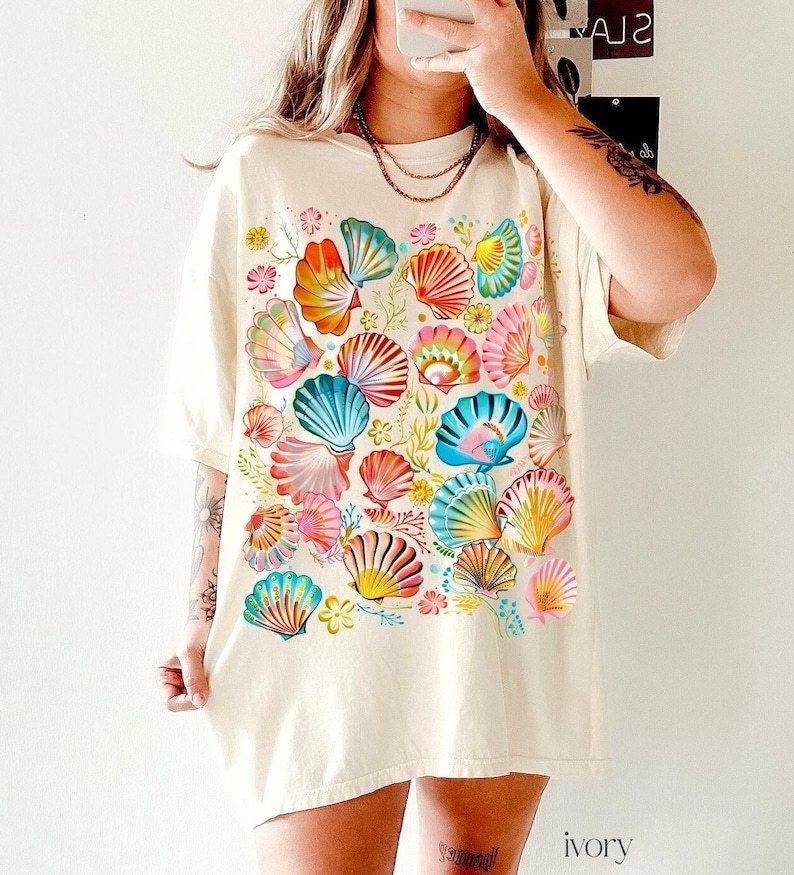 Vintage Seashells T-Shirt: Comfort Cotton, Cottagecore Nautical Style