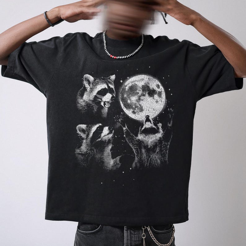 Unisex Raccoon Moon Printed Washed Tee
