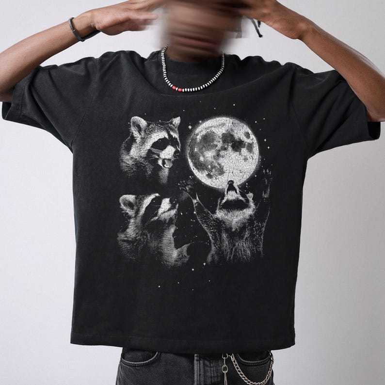 Unisex Raccoon Moon Printed Washed Tee