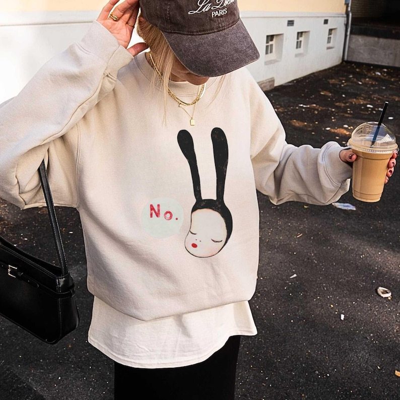 Yoshitomo Nara No Bunny Sweatshirt | Yoshitomo Nara Bunny Art Sweater | Coquette Bunny No Bunny Girl Japan Art Print Graphic Sweatshirt