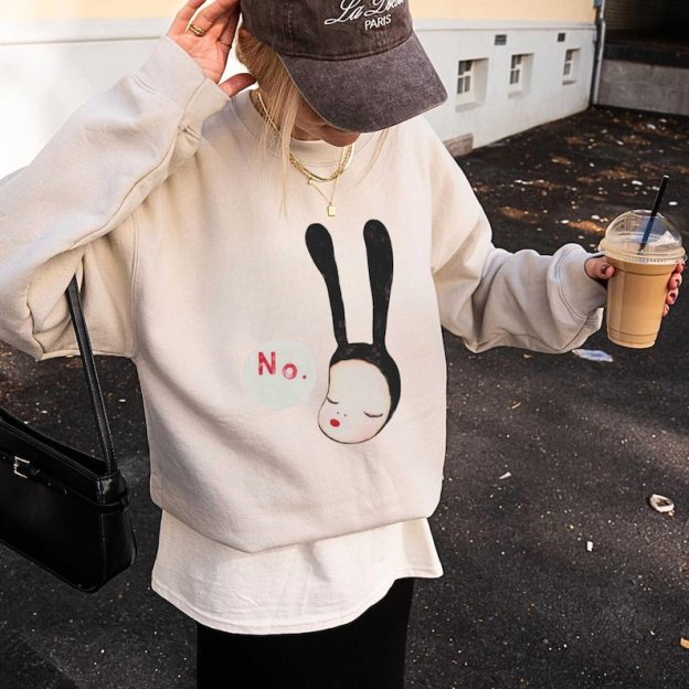 Yoshitomo Nara No Bunny Sweatshirt | Yoshitomo Nara Bunny Art Sweater | Coquette Bunny No Bunny Girl Japan Art Print Graphic Sweatshirt