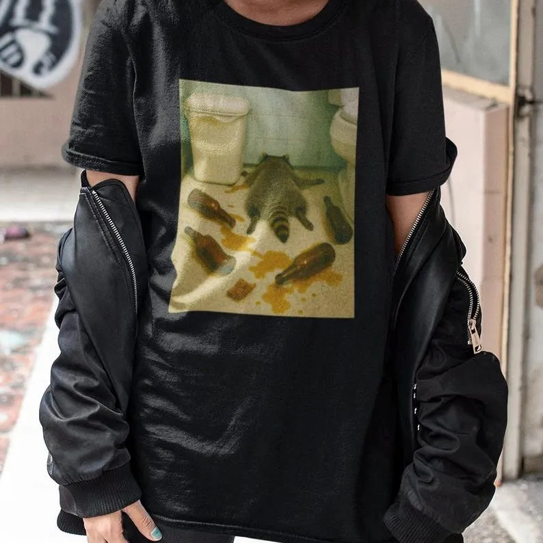 Unisex Raccoon Passed Out in Bathroom Printed Washed Tee