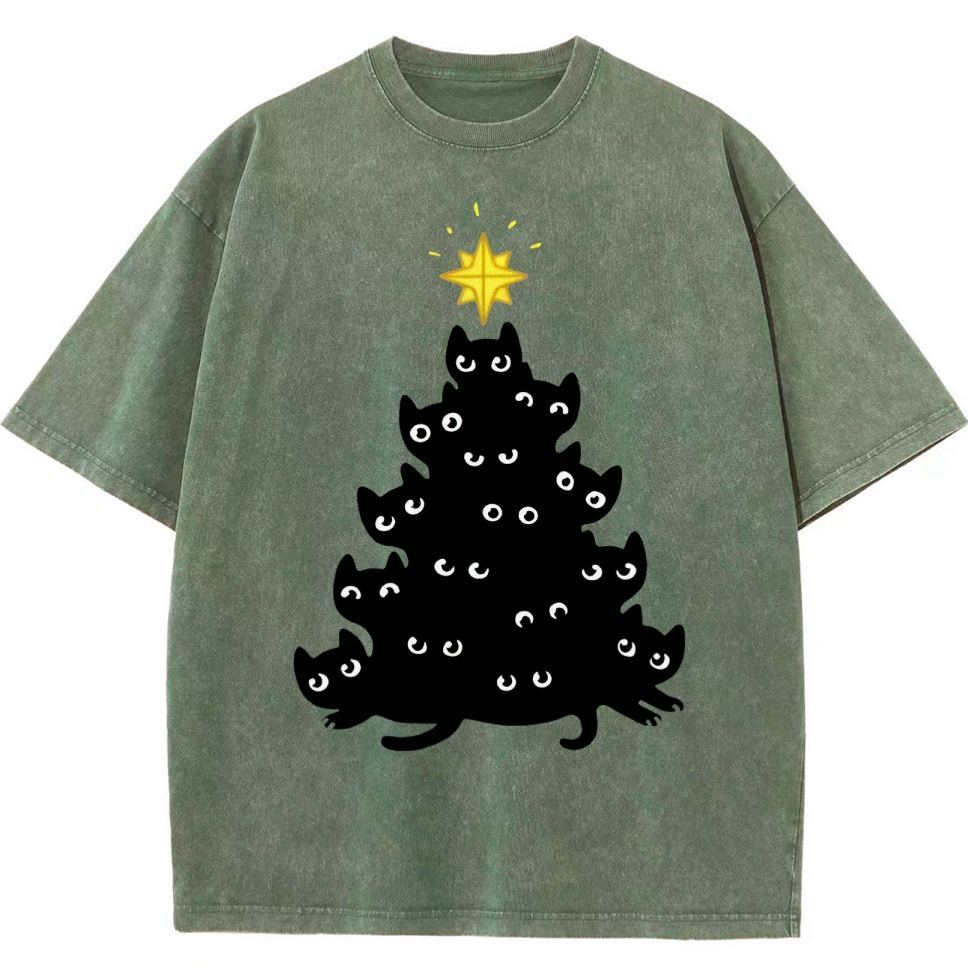Black Cat Christmas Tree Washed T-Shirt