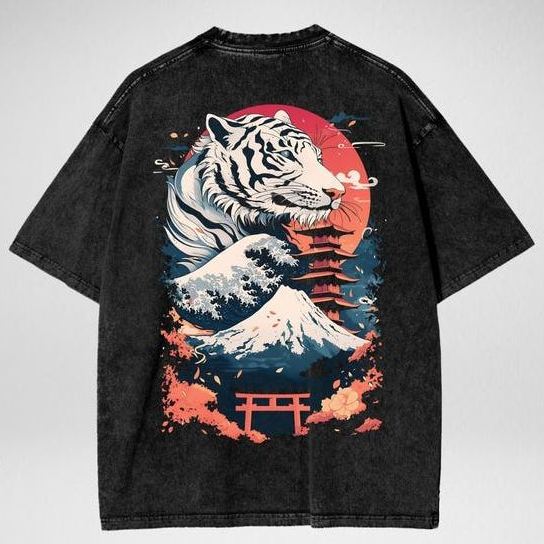 Unisex Japanese White Tiger Streetwear Oversize Snow Washed T-Shirt