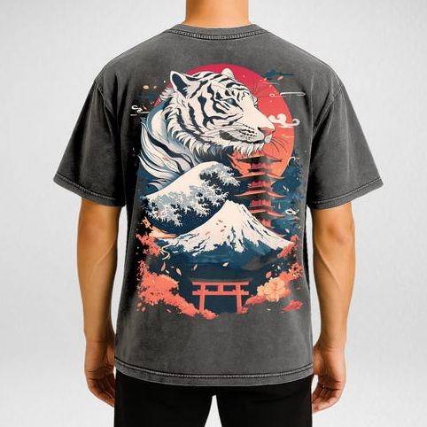 Unisex Japanese White Tiger Streetwear Oversize Snow Washed T-Shirt