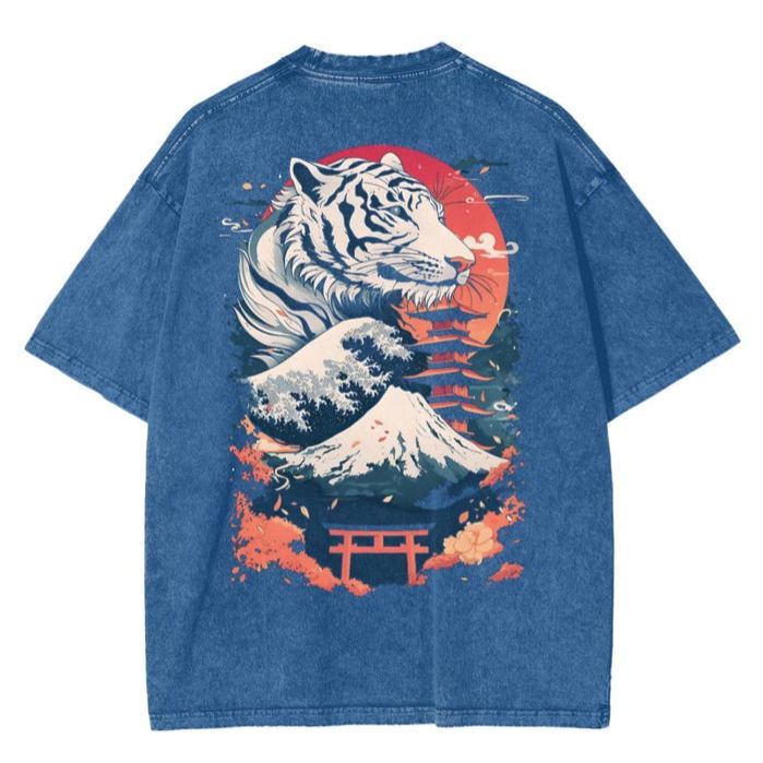 Unisex Japanese White Tiger Streetwear Oversize Snow Washed T-Shirt
