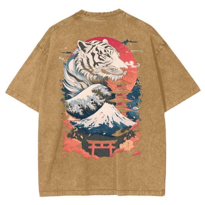 Unisex Japanese White Tiger Streetwear Oversize Snow Washed T-Shirt