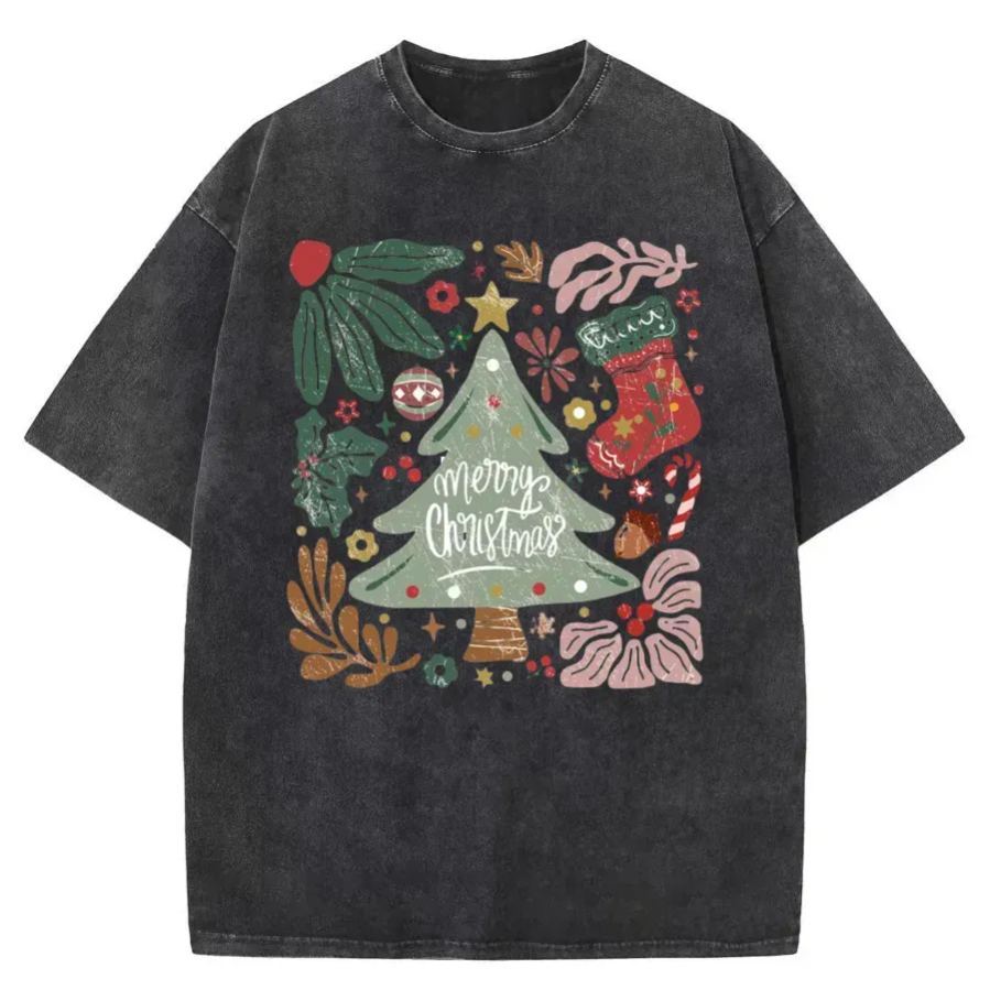 Vintage Merry Christmas Green Flora Washed T-Shirt