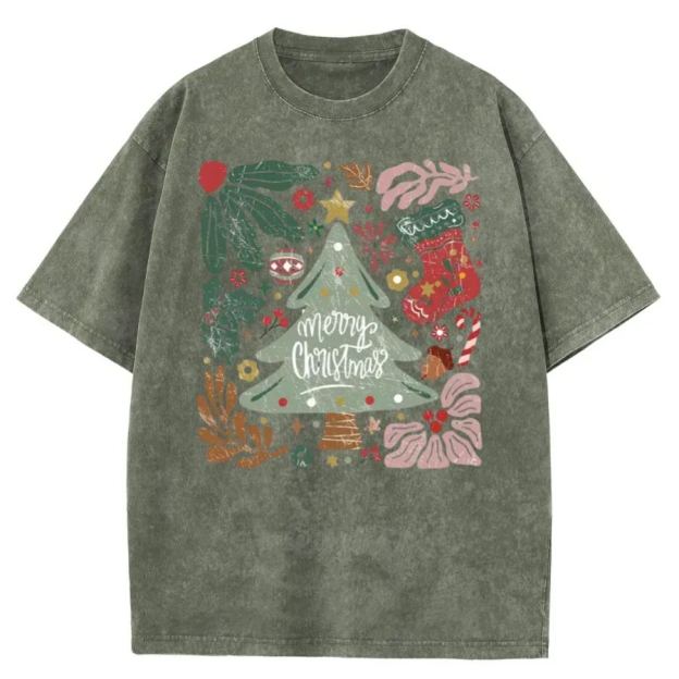 Vintage Merry Christmas Green Flora Washed T-Shirt