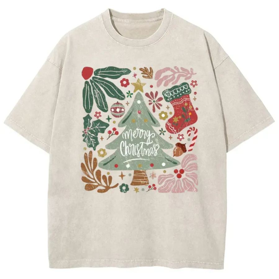 Vintage Merry Christmas Green Flora Washed T-Shirt