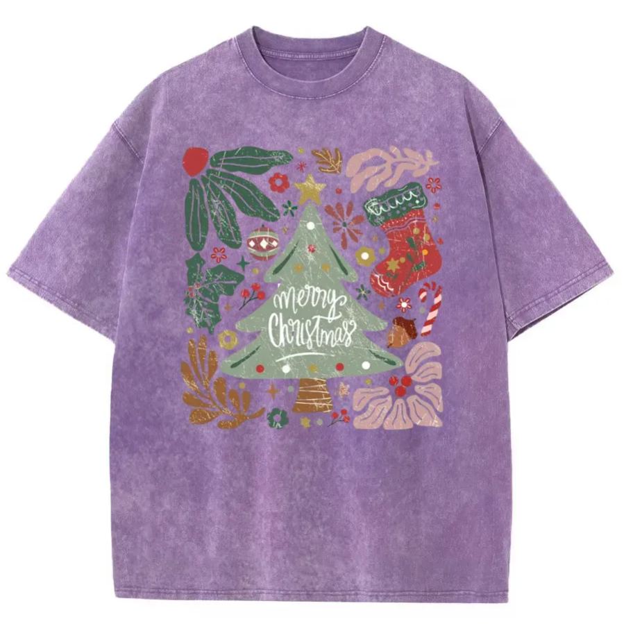 Vintage Merry Christmas Green Flora Washed T-Shirt