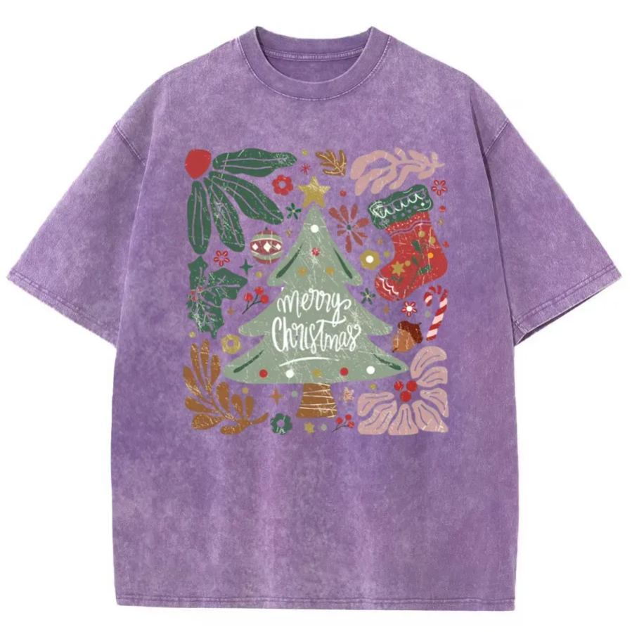 Vintage Merry Christmas Green Flora Washed T-Shirt