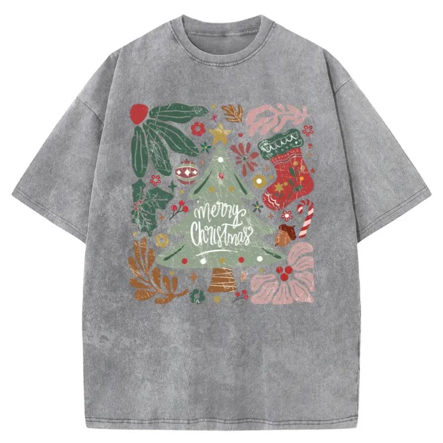 Vintage Merry Christmas Green Flora Washed T-Shirt