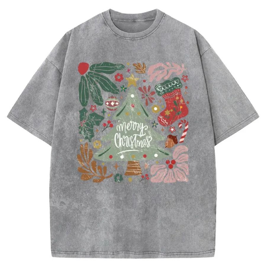 Vintage Merry Christmas Green Flora Washed T-Shirt
