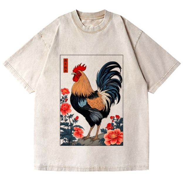 Rooster Vintage Wash Japanese Design T-Shirt