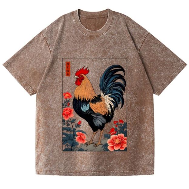 Rooster Vintage Wash Japanese Design T-Shirt