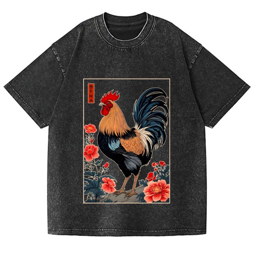 Rooster Vintage Wash Japanese Design T-Shirt