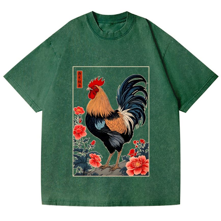 Rooster Vintage Wash Japanese Design T-Shirt