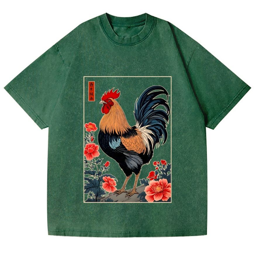 Rooster Vintage Wash Japanese Design T-Shirt