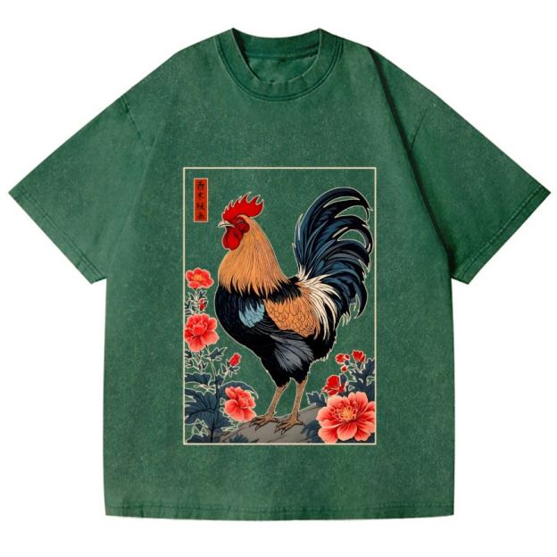 Rooster Vintage Wash Japanese Design T-Shirt