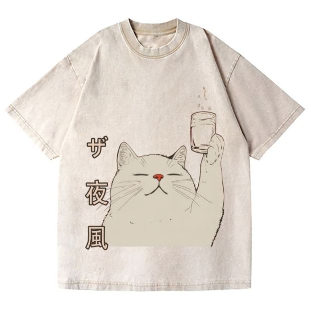 Unisex Cat Vintage Wash Japanese Design T-Shirt