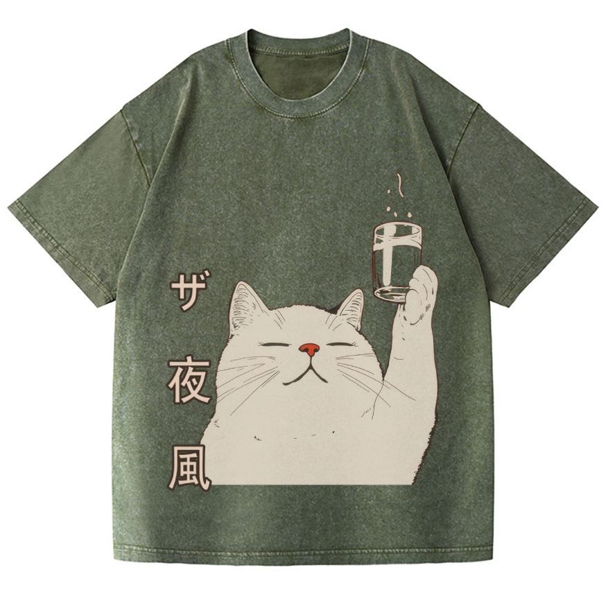 Unisex Cat Vintage Wash Japanese Design T-Shirt