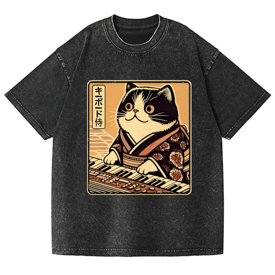 Music Cat Vintage Wash Japanese Design T-Shirt