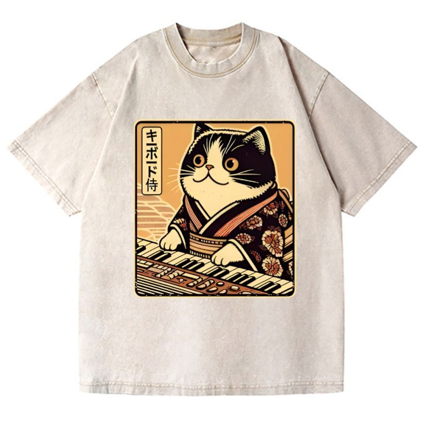 Music Cat Vintage Wash Japanese Design T-Shirt