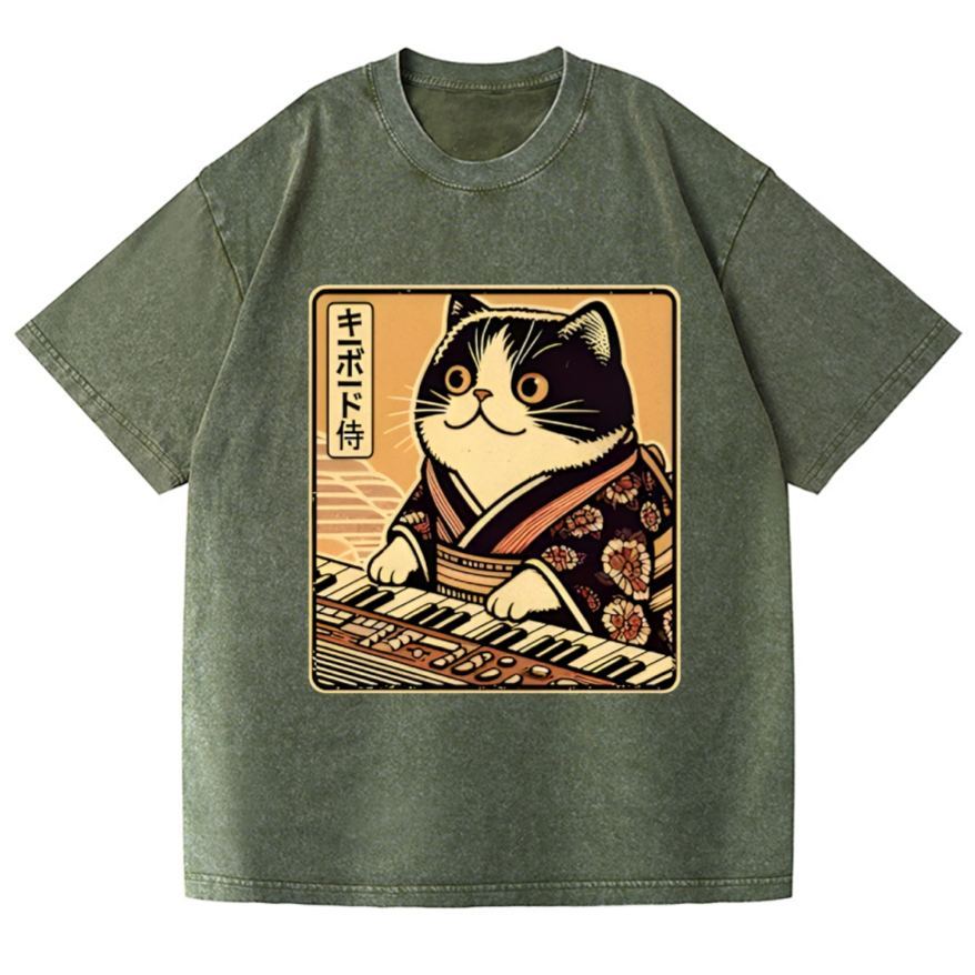 Music Cat Vintage Wash Japanese Design T-Shirt