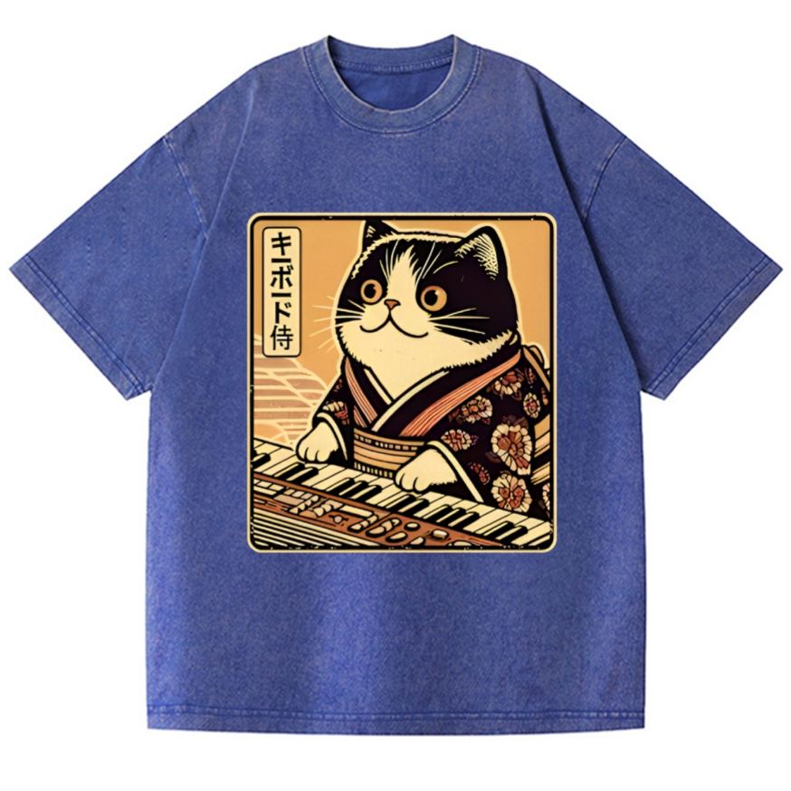 Music Cat Vintage Wash Japanese Design T-Shirt