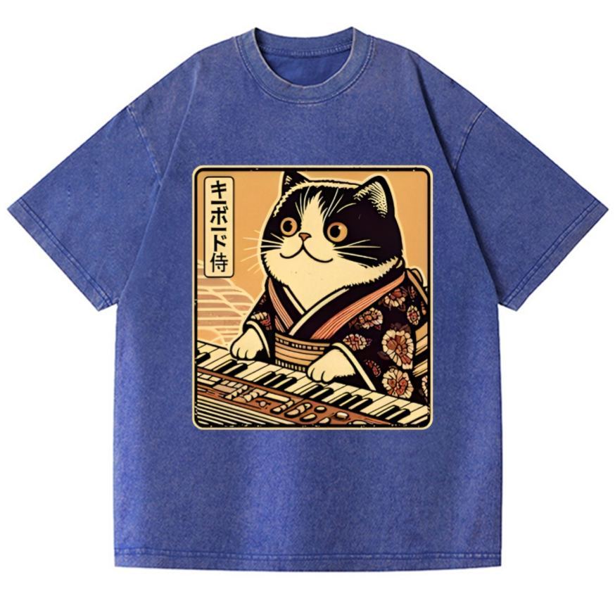 Music Cat Vintage Wash Japanese Design T-Shirt