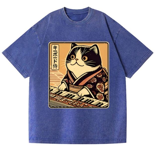 Music Cat Vintage Wash Japanese Design T-Shirt