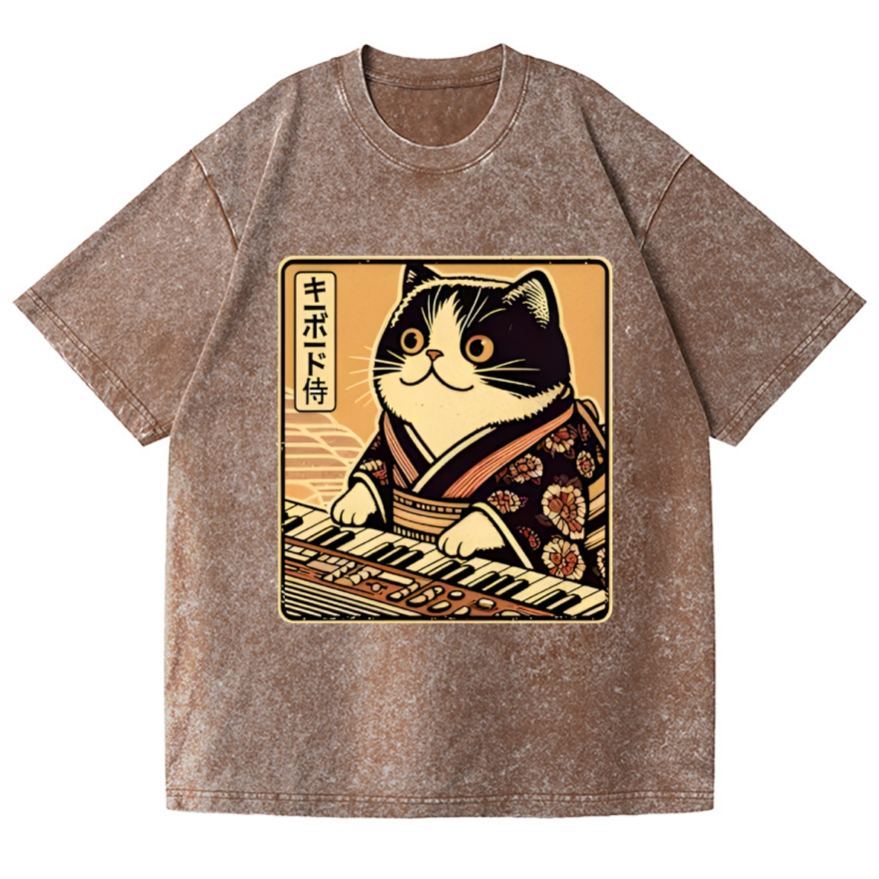 Music Cat Vintage Wash Japanese Design T-Shirt