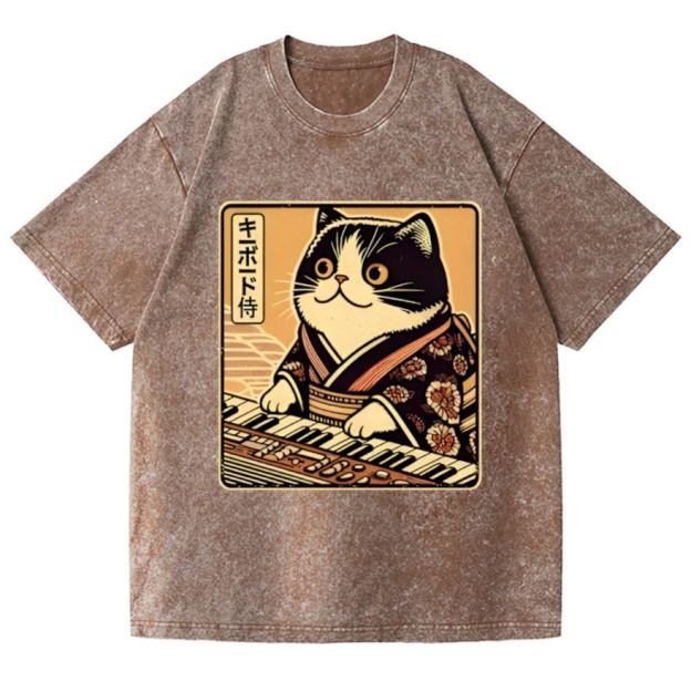 Music Cat Vintage Wash Japanese Design T-Shirt