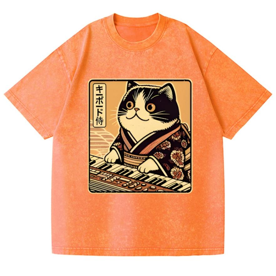 Music Cat Vintage Wash Japanese Design T-Shirt