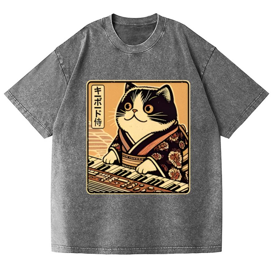 Music Cat Vintage Wash Japanese Design T-Shirt
