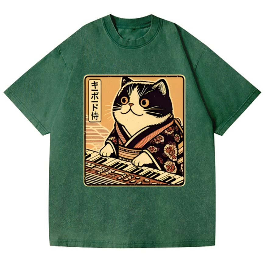 Music Cat Vintage Wash Japanese Design T-Shirt