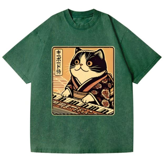 Music Cat Vintage Wash Japanese Design T-Shirt