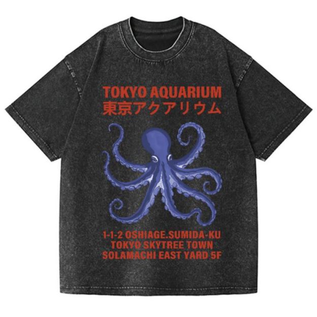 Unisex Tokyo Aquarium Octopus Vintage Wash Japanese Design T-Shirt