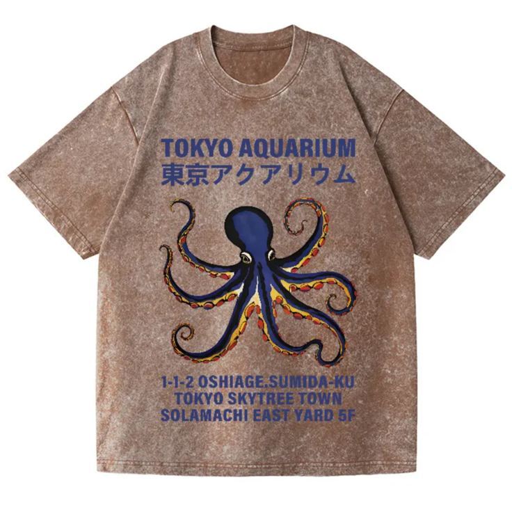 Unisex Tokyo Aquarium Octopus Vintage Wash Japanese Design T-Shirt