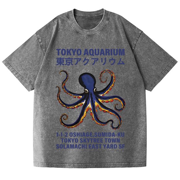 Unisex Tokyo Aquarium Octopus Vintage Wash Japanese Design T-Shirt
